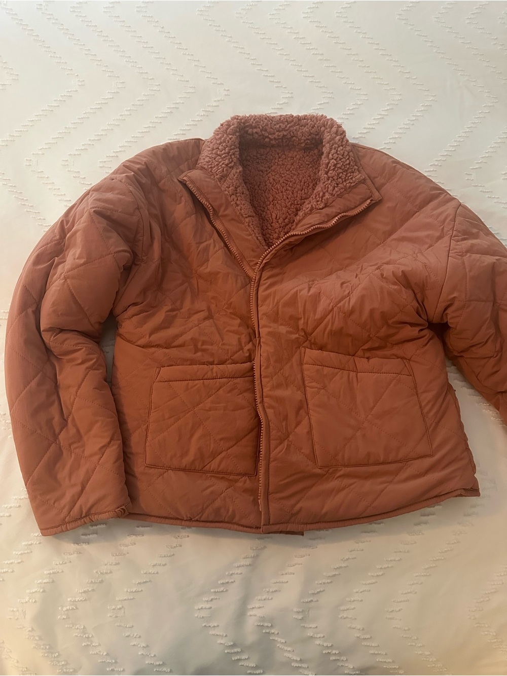 Women's Quilted Puffer Jacket with Sherpa Lining - Rust